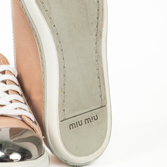 Miu Miu Nude Patent-Leather Cap-Toe Lace-Up Sneakers - Picture 5 of 12